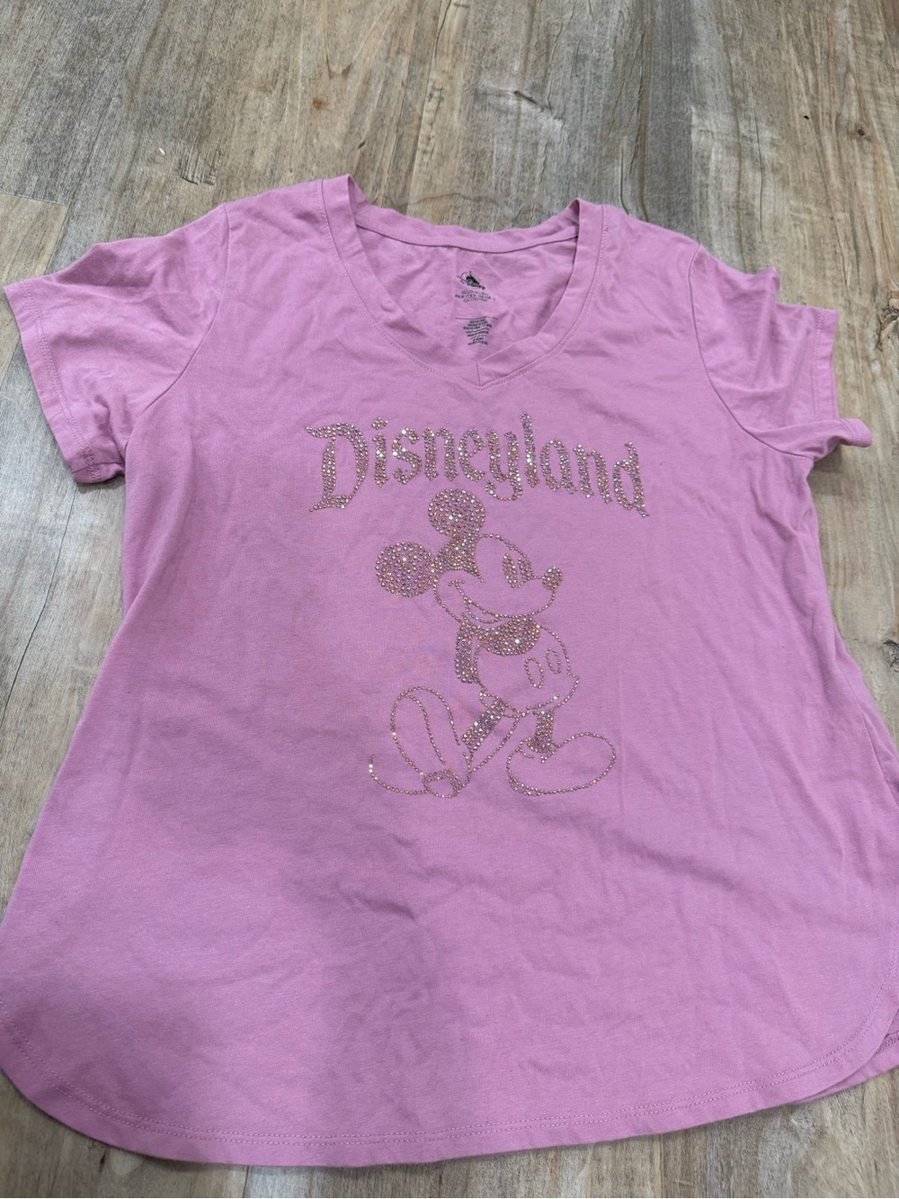 Disney Pink V-Neck Tee with Rhinestone Mickey Disneyland Graphic